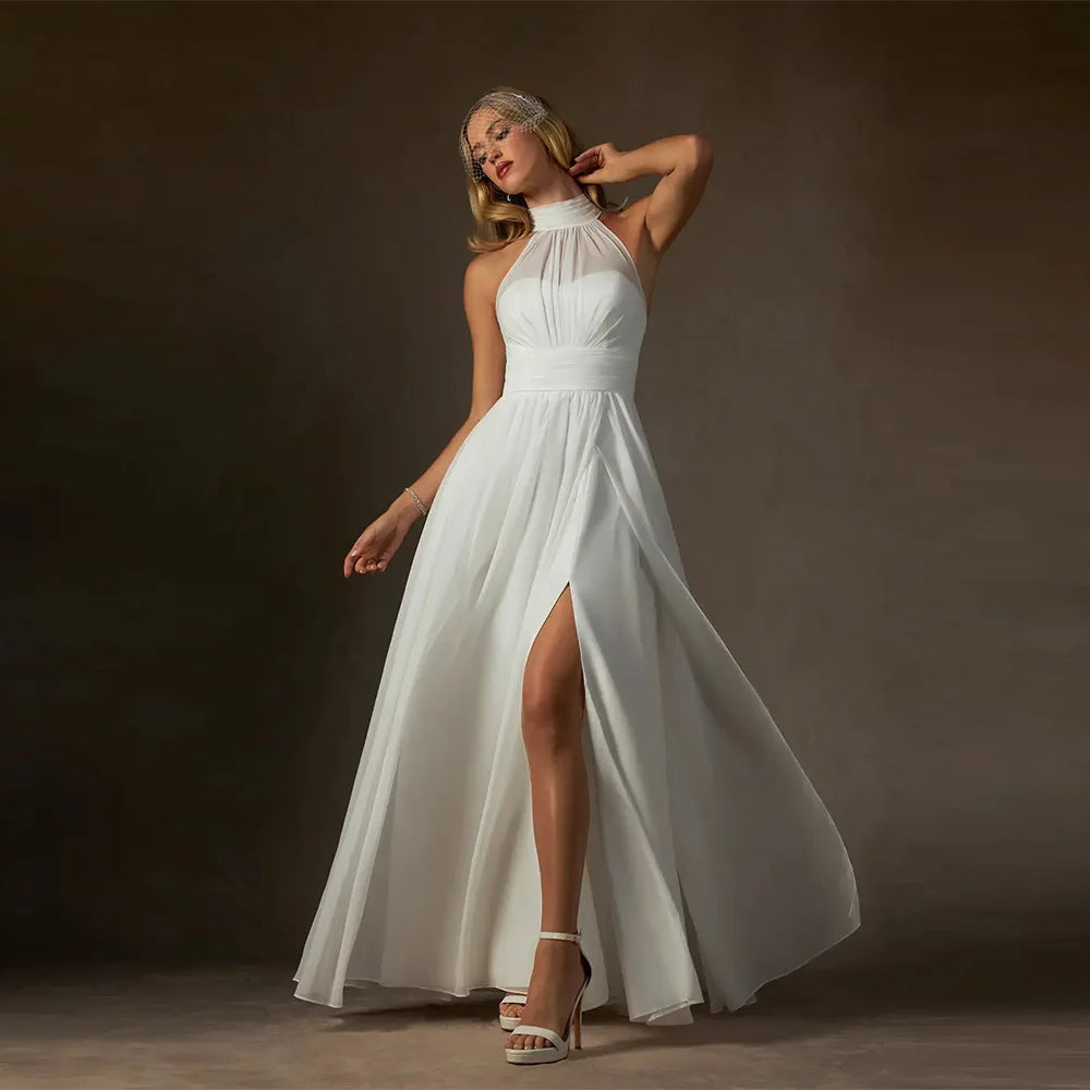 Customized Elegant Halter Split Front Wedding Dresses 2025 Simple A-Line Court Train Chiffon Brides Gown Vestidos De Novia