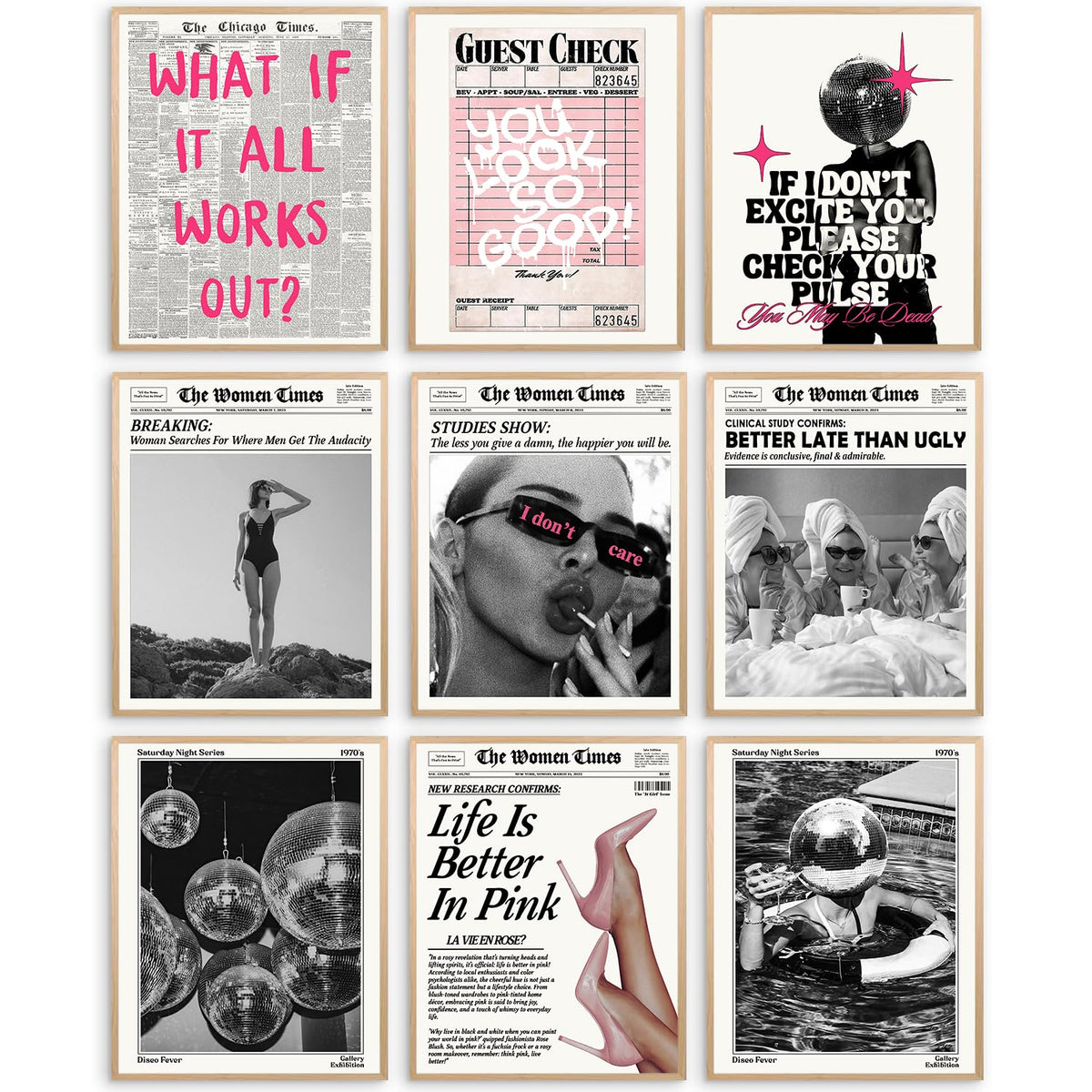 Trendy Newspaper Wall Art - 9 Piece Disco Ball Poster Set