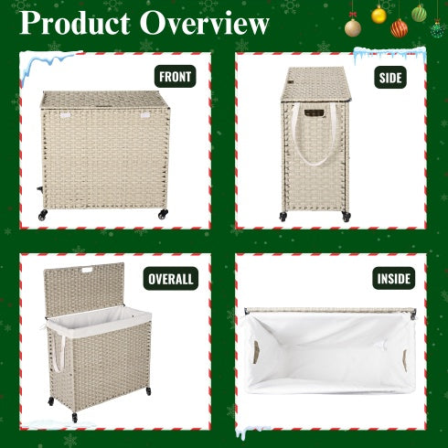 Laundry Hamper with Lid, PE Rattan, 2 Removable Bags & Wheels, 160L (Gray)