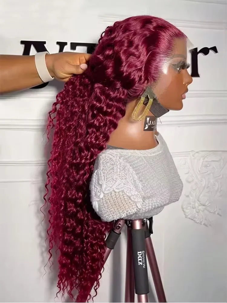 13x6 HD Transparent Lace 200 Density 13x4 Full Frontal Lace 99j Burgundy Preplucked Colored Deep Wave Frontal Human Hair Wig