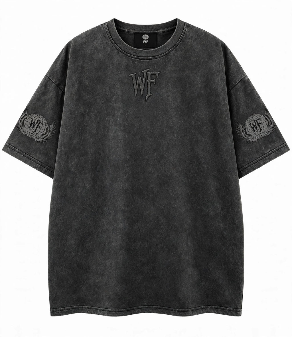 Front view - Dark Gray - WF emblem high on chest, winged globe sleeve prints