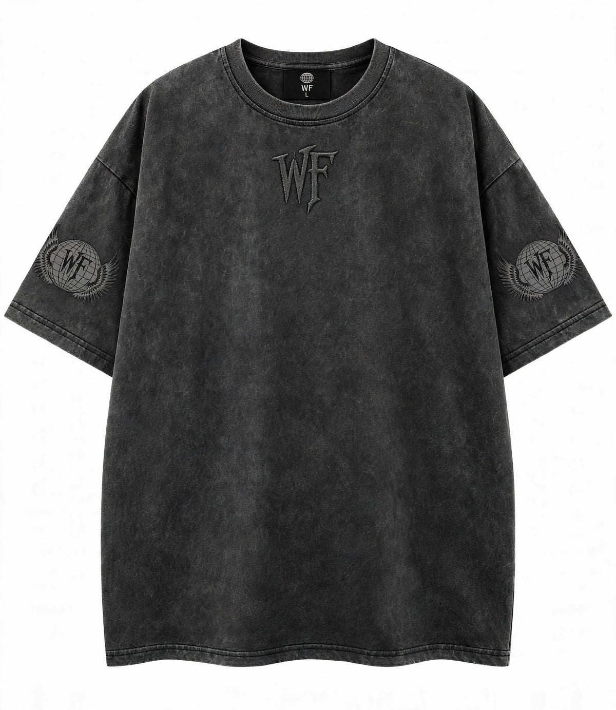 Front view - Dark Gray - WF emblem high on chest, winged globe sleeve prints