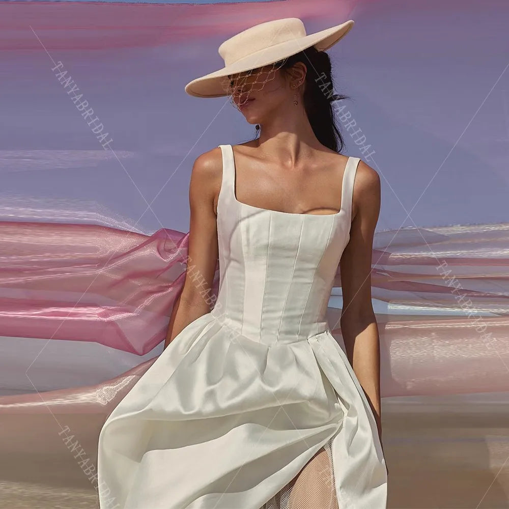 Square Collar Satin Bridal Gowns High Low A Line Fashion Wedding Dress Sleeveless Lace Up Back Simple Bridal Party Dress TSWD624