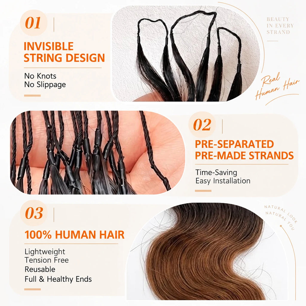 TB30 T1B/30 Ombre Highlight Body Wave  Crochet Human Hair Miracle Knots Feather Extensions Invisible Knotless Pre Separated Boho Braiding Hair Natural Texture Soft Bouncy For Women