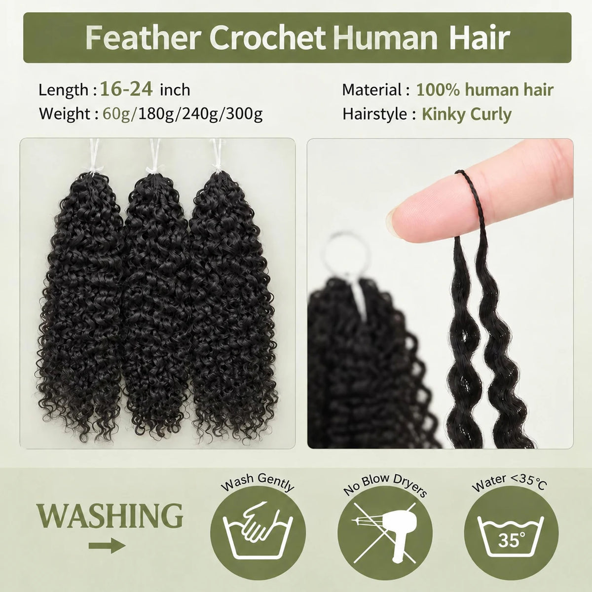 Kinky Curly Human Hair Crochet Extensions Small Spiral Curls Feather