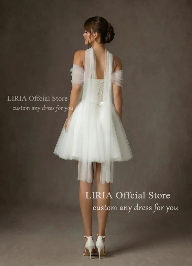 LIRIA Chic Short Wedding Dress for Bride Off the Shoulder Corset Mini Wedding Gowns White A Line Lace Up Elegant Bridal Dresses