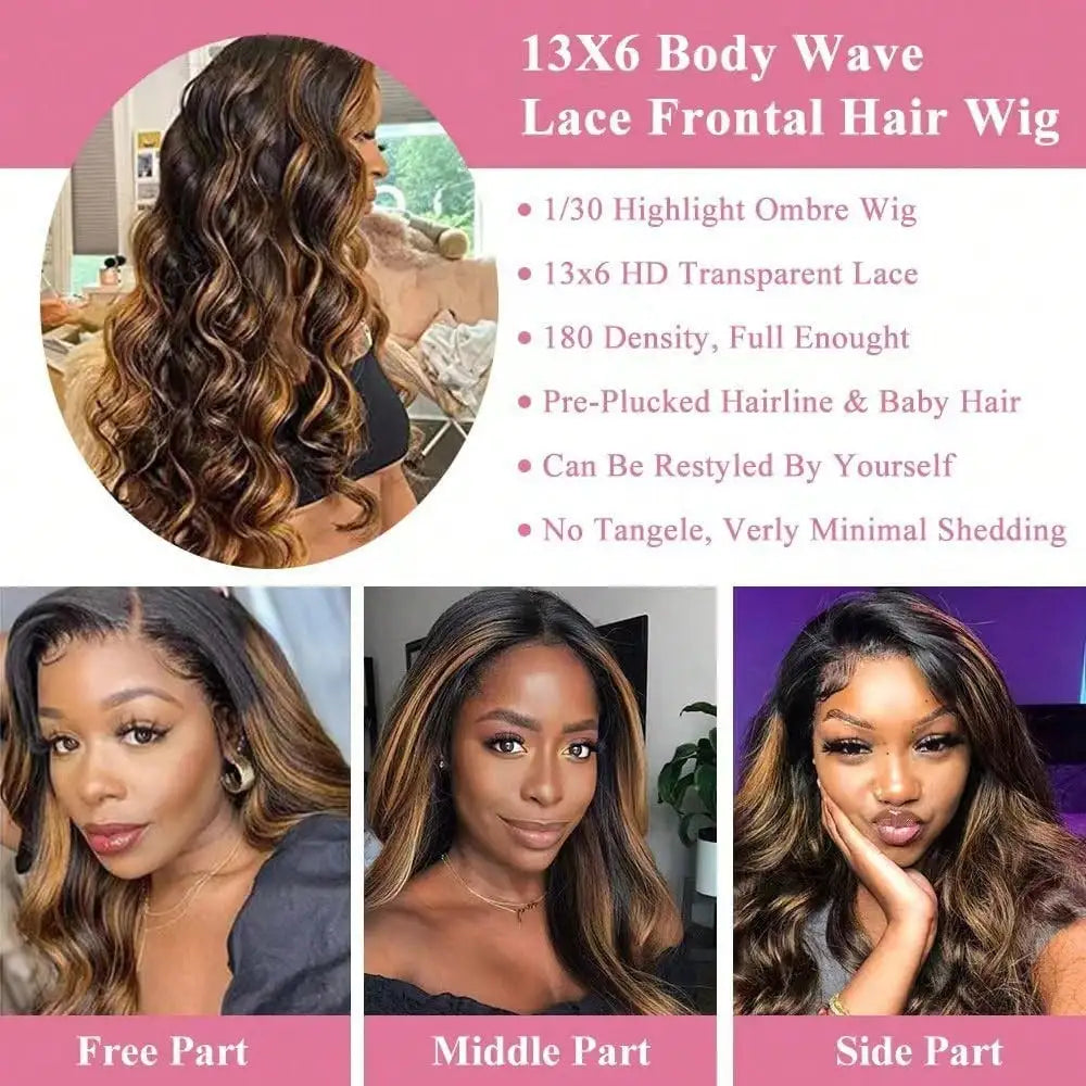 P1B30 Body Wave Highlight Ombre Human Hair Wigs 230 Density 13x6 HD Lace Frontal Wigs Pre Plucked Brazilian 13X4 Lace For Women